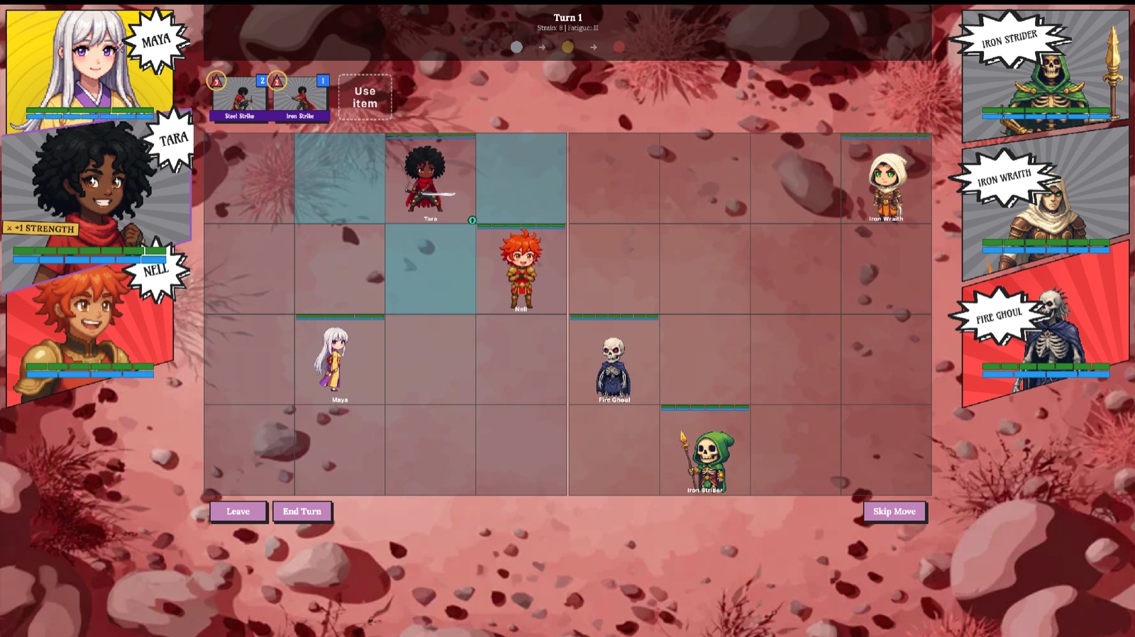 An Old Road fight on turn 1: the 8x4 checkered field with Maya, Tara and Nell holding the left half, and a Fire Ghoul, an Iron Strider and an Iron Wraith spread across the right.