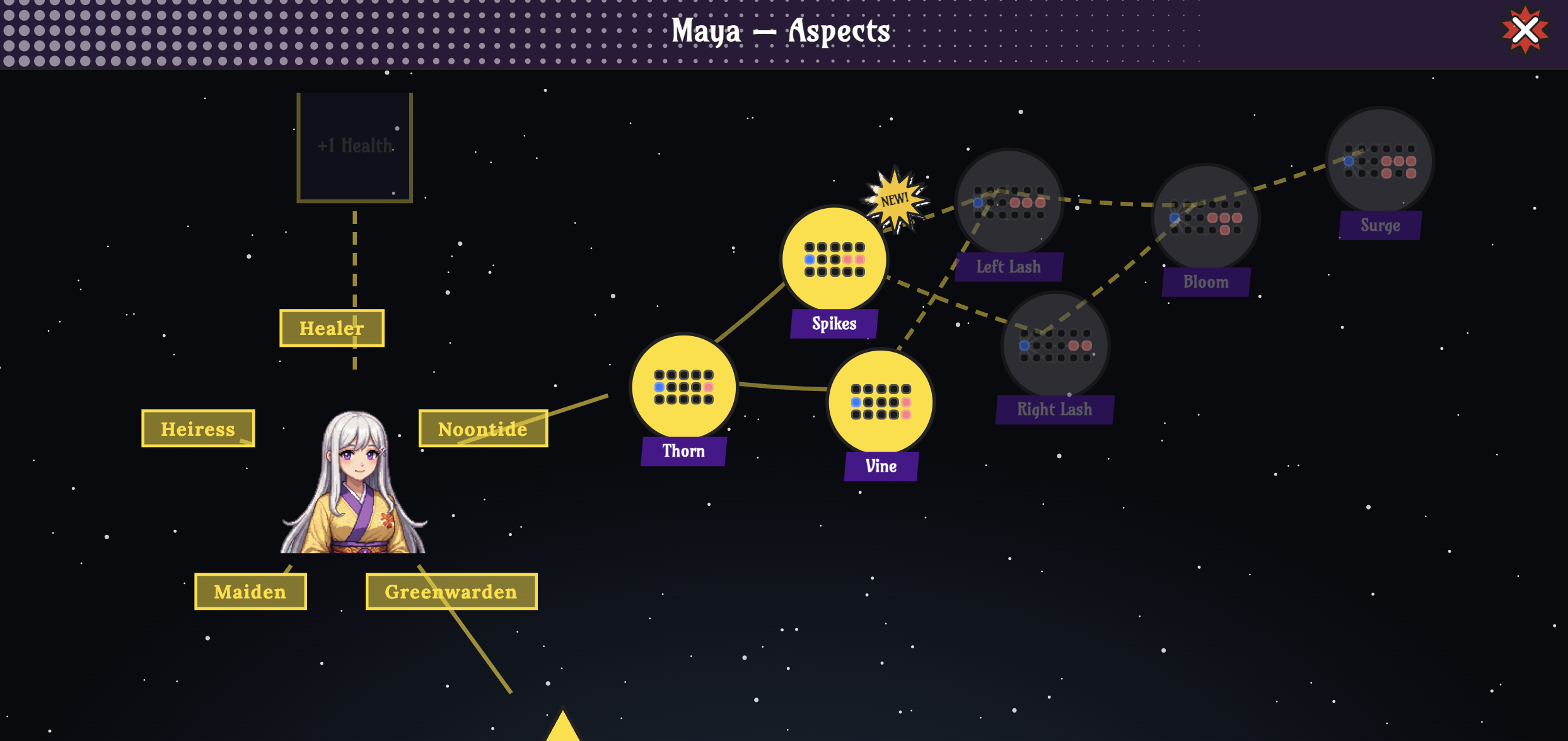 Maya's aspect map: her portrait on the left surrounded by aspect labels like Healer, Heiress, Noontide, Maiden and Greenwarden, with a constellation of unlocked and locked spell nodes — Thorn, Spikes, Vine, the Lashes, Bloom, Surge — connected by dashed lines against a night sky.